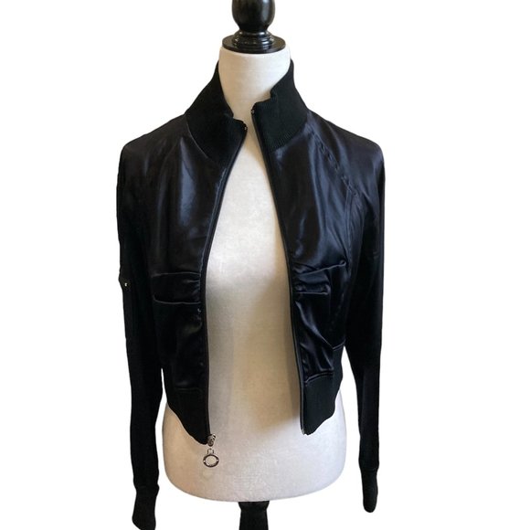 bebe Jackets & Blazers - BEBE SPORT Black Satin Cropped Moto Bomber Jacket SZ L